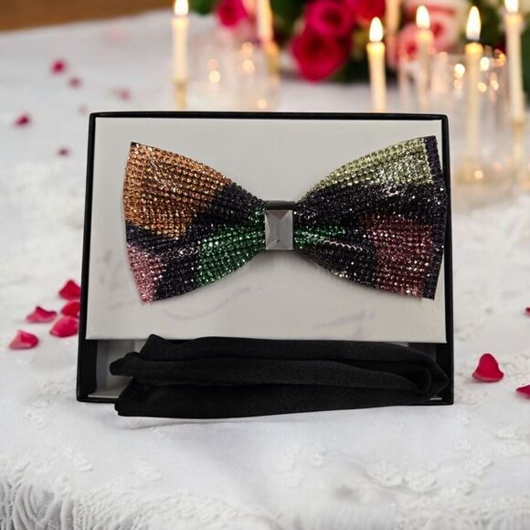 MEN'S MULTI-COLOR GLITTER RHINESTONE BOW TIE & POCKET SQUARE BY EJ SAMUEL SBT56 - Picture 1 of 3